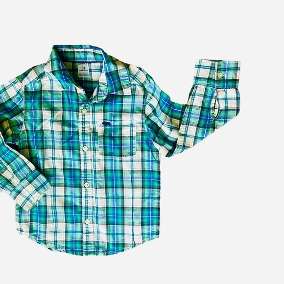 Carter’s casual plaid green white cotton shirt buttons down, long sleeves Boy 3T - Picture 2 of 9
